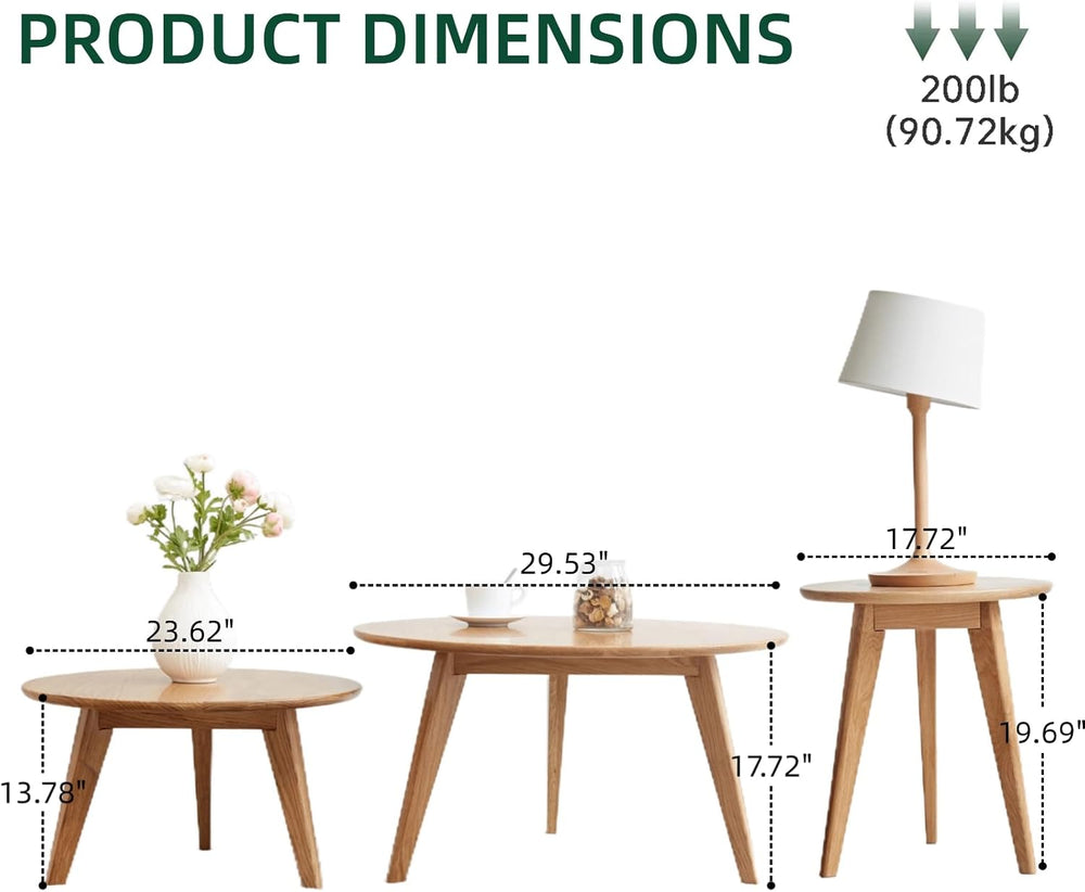 100% Solid Oak Wood Coffee Table Set, Round Coffee Table Combo Side Table w/S...