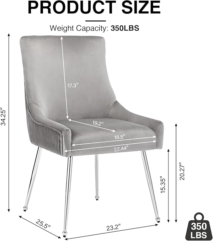 Velvet Dining Chairs Set of 4 with Silver Metal Legs, Modern Upholstered Kitchen Chair with Pull Handle & Pleated Back, Mid Century Accent Chair for Vanity,Dining,Kitchen,Living Room, Grey