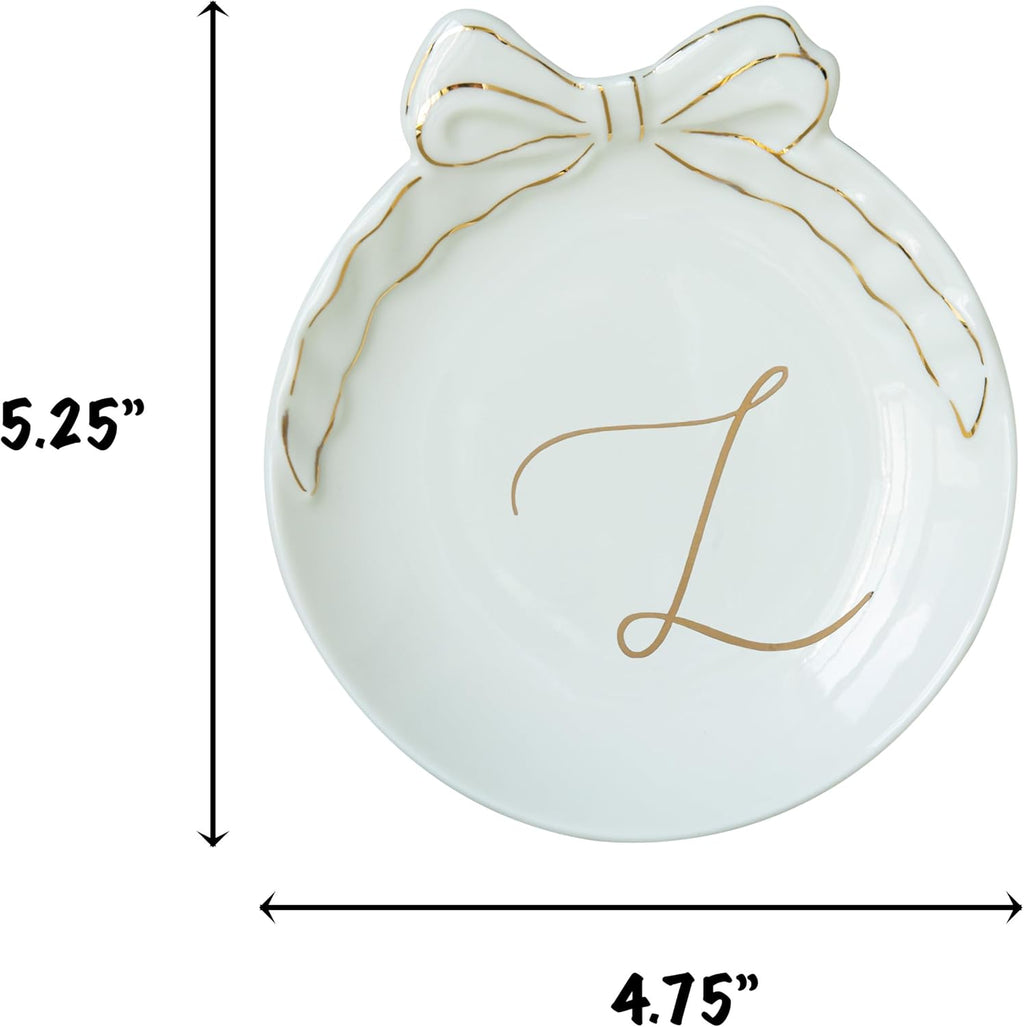 COLLECTIVE HOME - Personalized Initial Ceramic Jewelry Tray with Bow, Christmas Gift Ideas for Women, Small Gift for Girlfriend Wife, Ring Holder, Earrings Dish, Birthday Gift for Her (L)