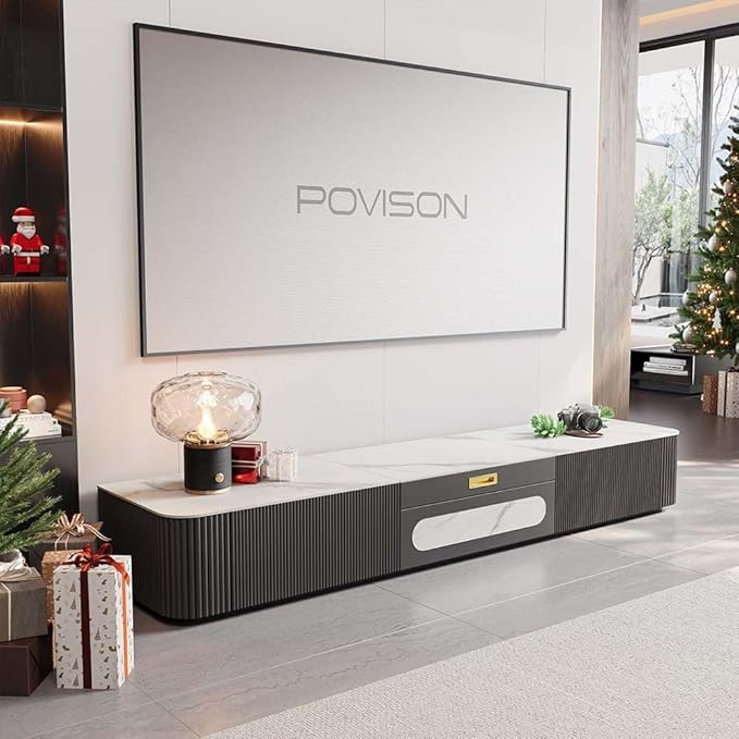 POVISON Fully-Assembled Modern TV Stand for Projector, Sintered Stone Entertainment Center with Storage for 75 inch TV, Wood TV Console, Media Console for Living Room Bedroom