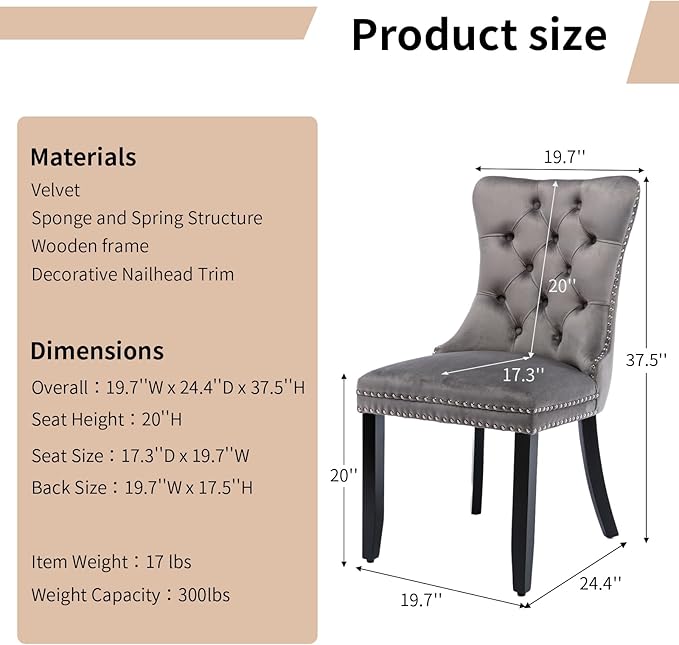 Modern Dining Chairs Set of 4, Tufted Upholstered Dining Chair with Solid Wood Legs, Grey Velvet Accent Chair, Sillas de Comedor, 4 Dining Chairs (Gray, Velvet, 4Pcs)