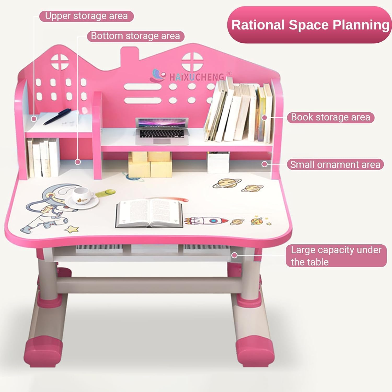 Kids Adjustable Height Desk and Chair Set with Drawer and Storage, Kids Table and Chairs School Study Desk for Kids Pink