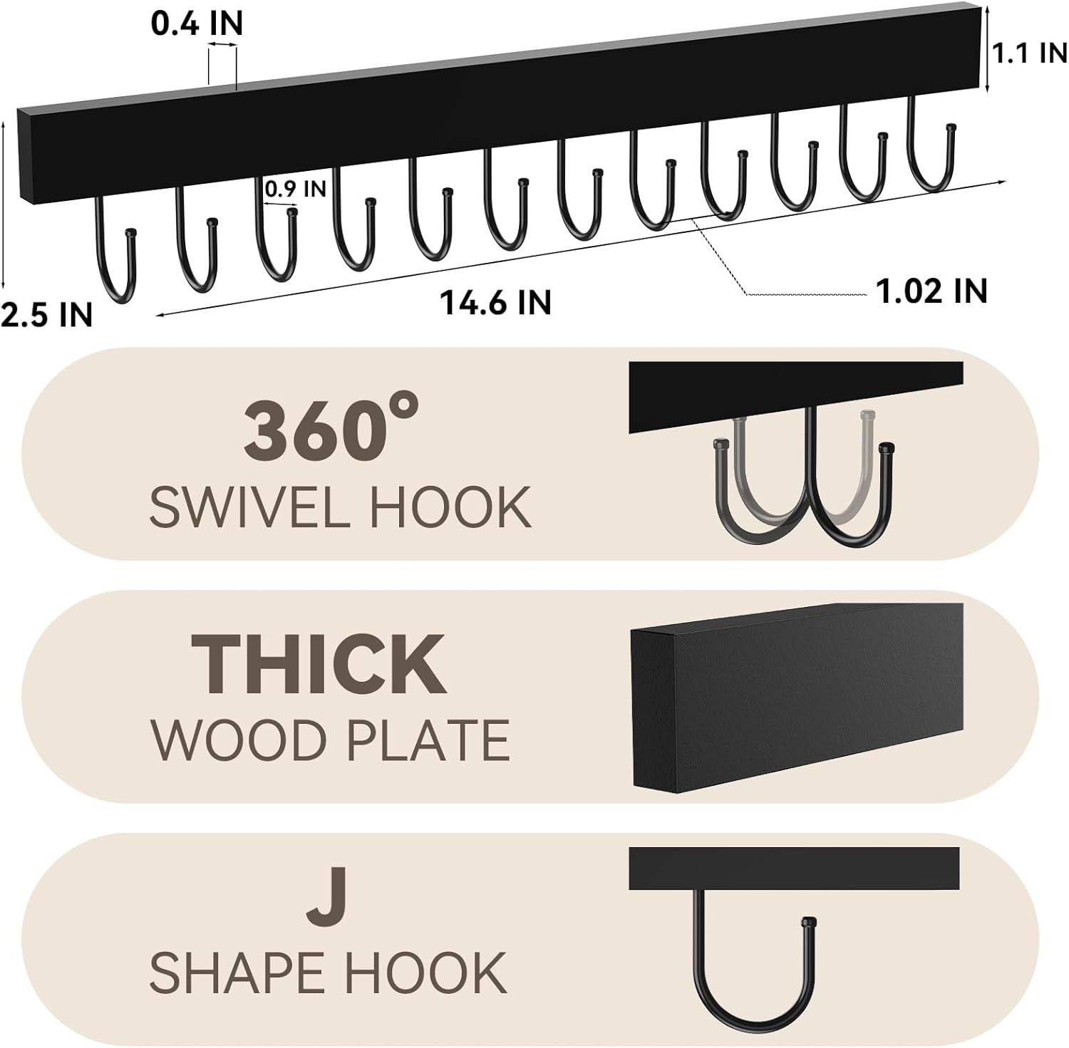 Belt Hanger Wall Mount, Wooden Closet Belt Organizer with 24 Metal Hooks, Large Capacity, Black, 2 Pcs