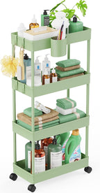 LEHOM Slim Rolling Storage Cart - 4 Tiers Bathroom Organizer Utility Cart Slide Out Storage Shelves Mobile Shelving Unit for Kitchen, Bedroom, Office, Laundry Room, Small Narrow Spaces, Green
