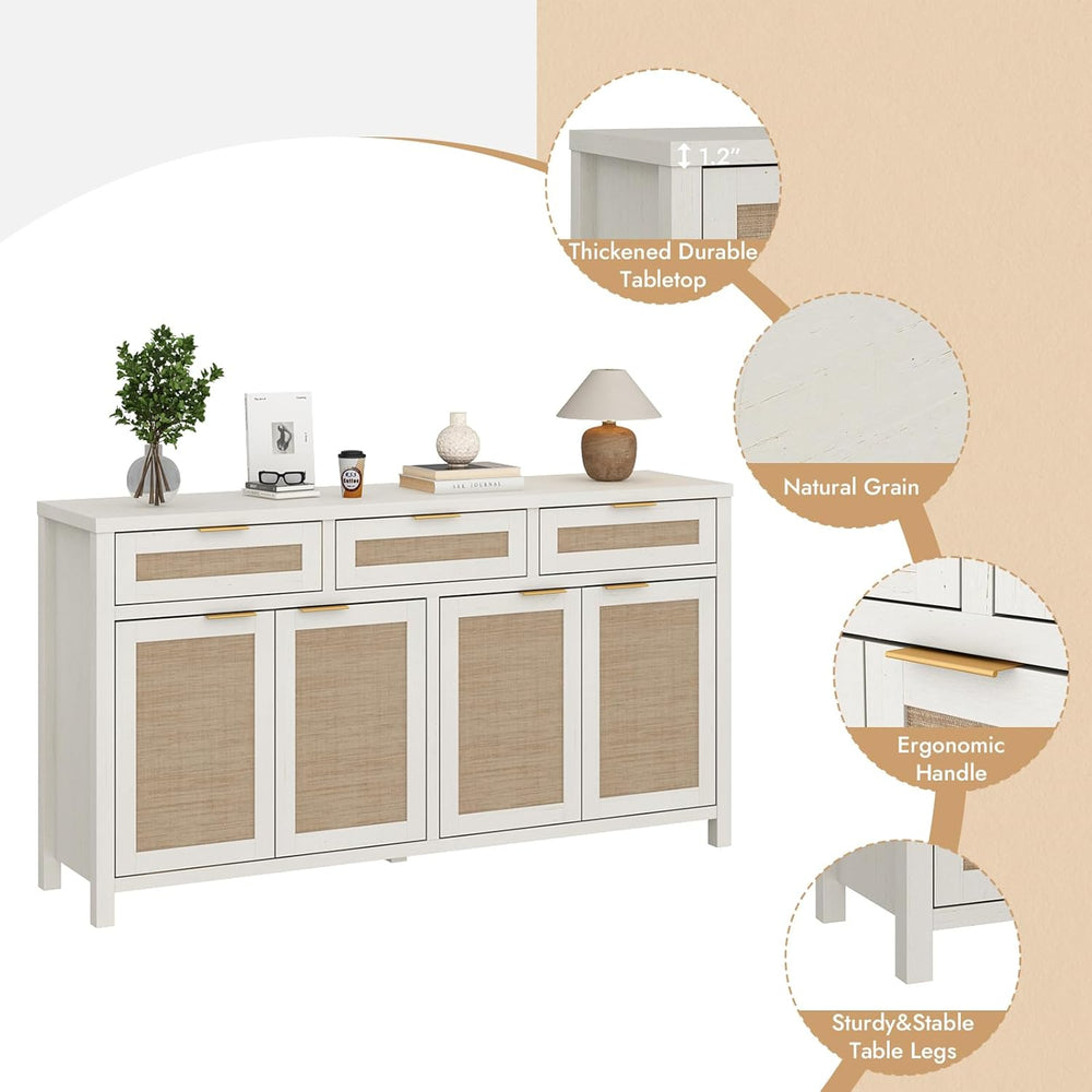 HOKYHOKY Rattan Sideboard Buffet Cabinet, Boho Storage Cabinet with Adjustabl...