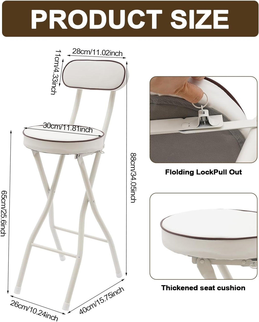 2 PCS Folding Bar Stool with Back, Set of 2-Folding Bar Stool Chair with Back, Tall Foldable Stool Seat Padded Portable Stools Counter Height Foldable Stools for Adults Kitchen Island (White)