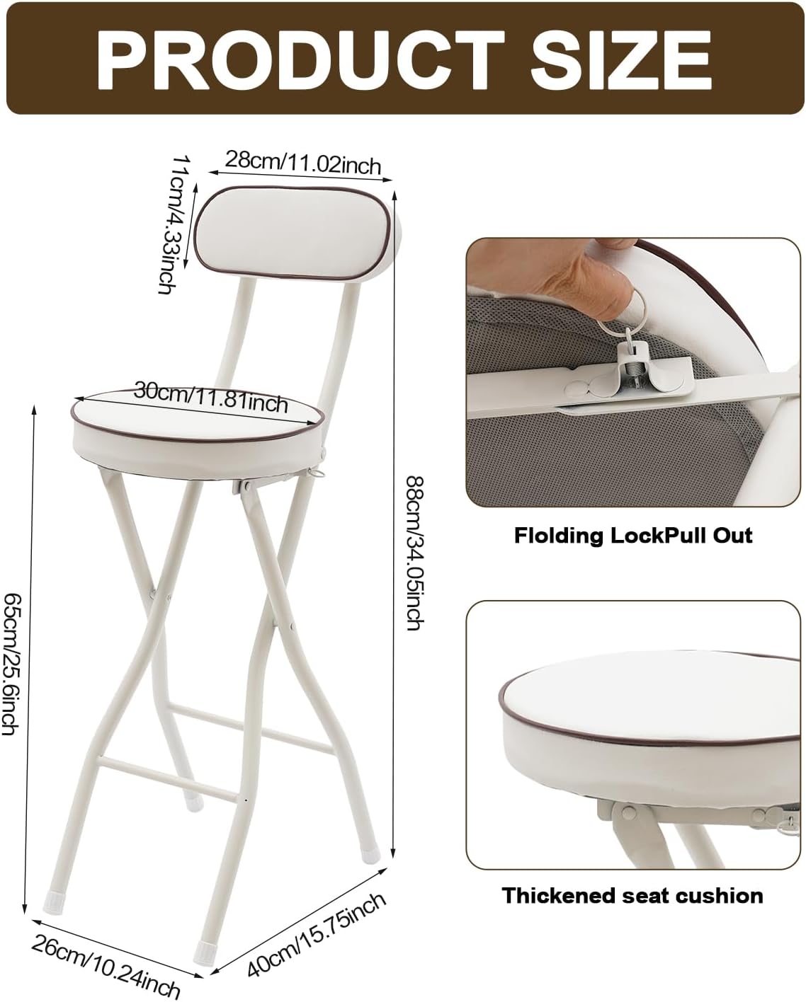 2 PCS Folding Bar Stool with Back, Set of 2-Folding Bar Stool Chair with Back, Tall Foldable Stool Seat Padded Portable Stools Counter Height Foldable Stools for Adults Kitchen Island (White)