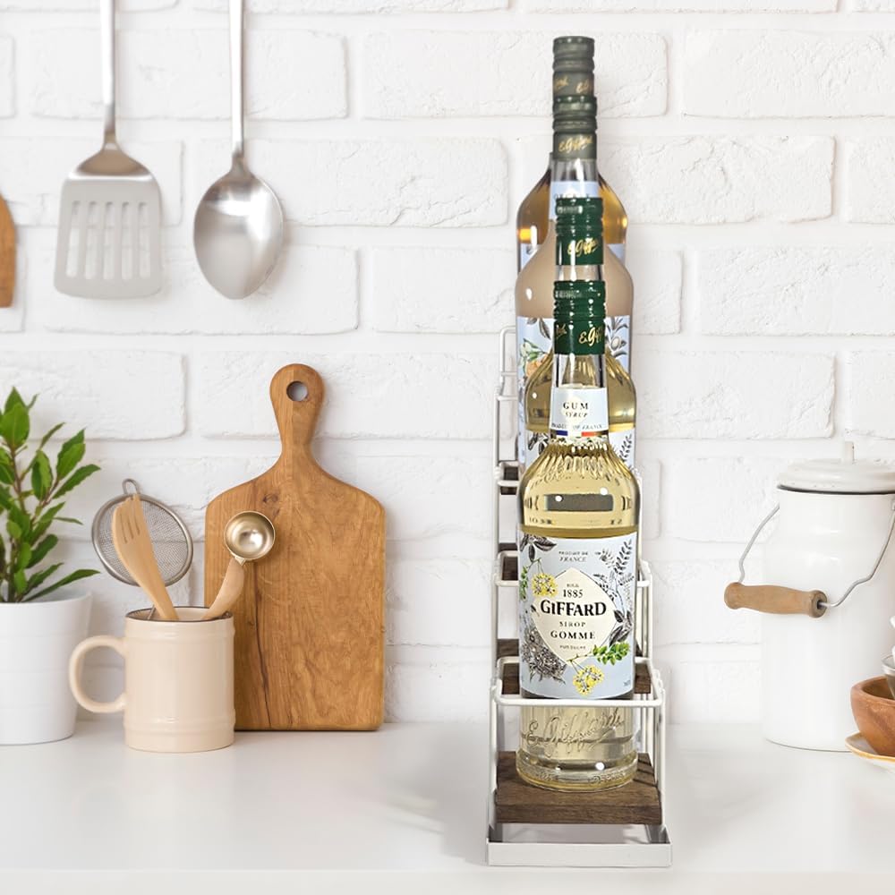J JACKCUBE DESIGN Syrup Bottle Holder Rack, Rustic Wood and White Metal Wire 4 Tier Syrup, Wine, Dressing Bottle Countertop Display Storage Stand for Kitchen Coffee Bar- MK816B