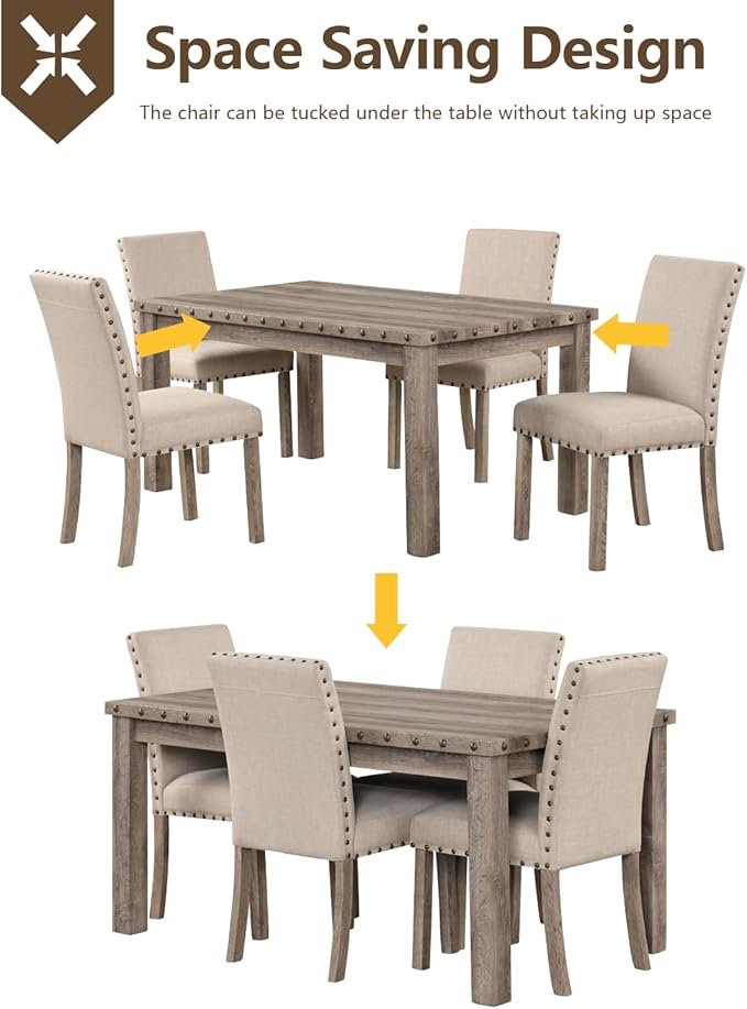 Morden Fort Farmhouse Dining Set for 4, 60" Rectangular Wooden Table & 4 Upholstered Chairs with Nailhead Accents, 5-Piece Kitchen Table Set for Dining Room, Breakfast Nook, Antique Rustic