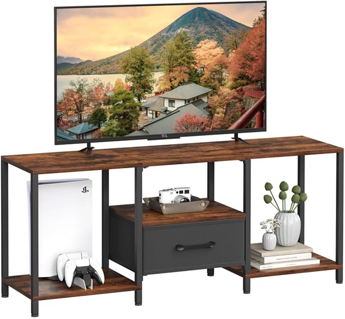 TV Stand with Fabric Drawer for 55 Inch TV, Entertainment Center with Open Sh...
