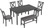 SogesPower 6-Piece Kitchen Dining Table Set for 4-6,Rectangular Dining Table with 4 Fabric Chairs & 1 Bench for Dining Room Living Room,Gray