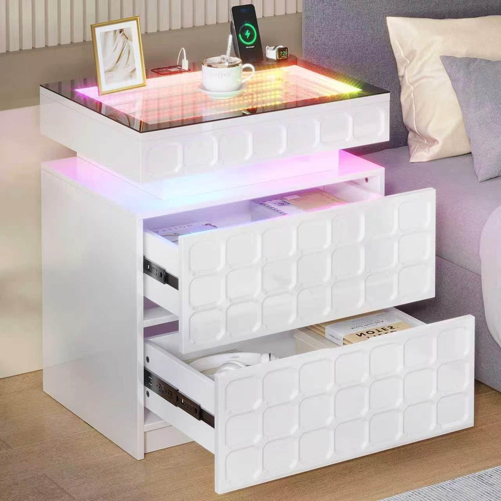 Vlsrka RGB Nightstand with Glass Top,Smart Night Stand with Charging, White |...