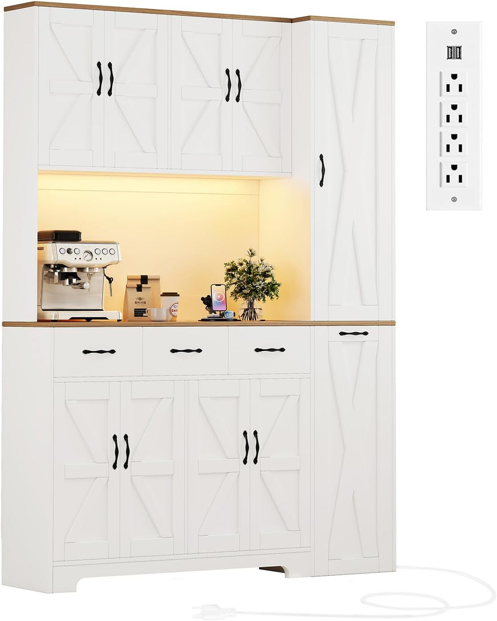 70.9" Tall Farmhouse Pantry Cabinet with Pull-Out Storage Cart & LED...