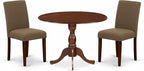 East West Furniture DMAB3-MAH-18 3 Piece Dining Room Table Set Contains a Round Dining Table with Dropleaf and 2 Coffee Linen Fabric Upholstered Parson Chairs, 42x42 Inch, Mahogany
