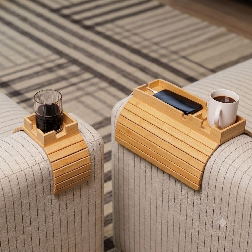 Bamboo Couch Cup Holder Tray, Sofa Armrest Cup Holder, Snack Tray