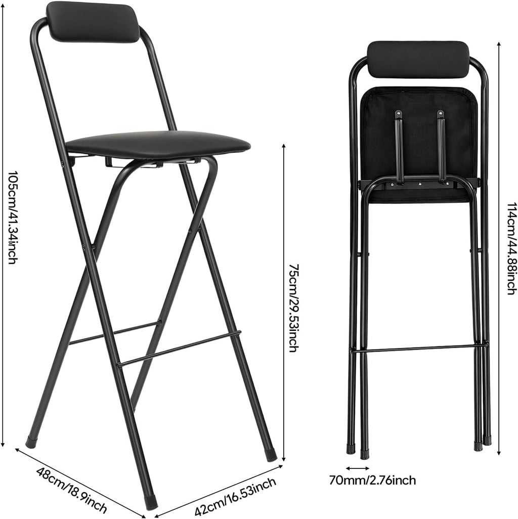 2 Pcs Folding Bar Stool with Backrest, Tall Foldable Stool Chair with PVC Foot Caps Portable Bar Chair Counter Height Seat Leather Padded for Kitchen Island Shop Cafe Dining Room (Black)