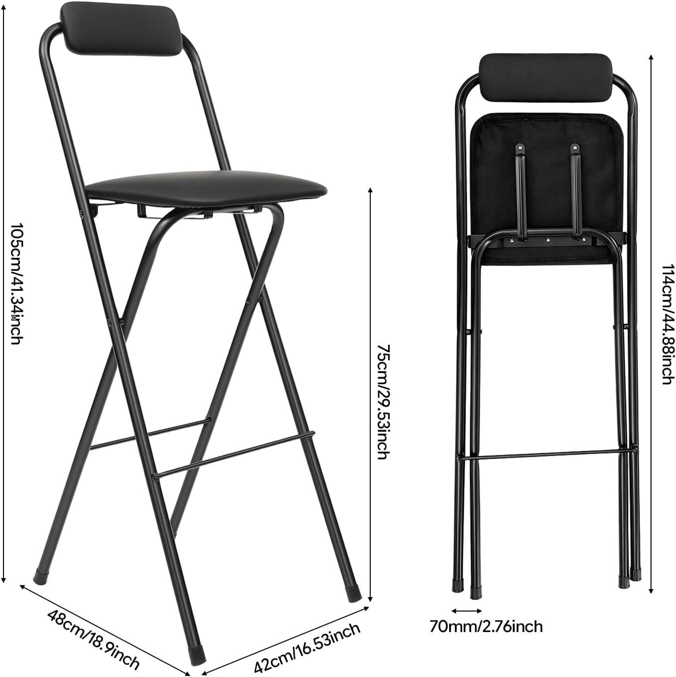 2 Pcs Folding Bar Stool with Backrest, Tall Foldable Stool Chair with PVC Foot Caps Portable Bar Chair Counter Height Seat Leather Padded for Kitchen Island Shop Cafe Dining Room (Black)