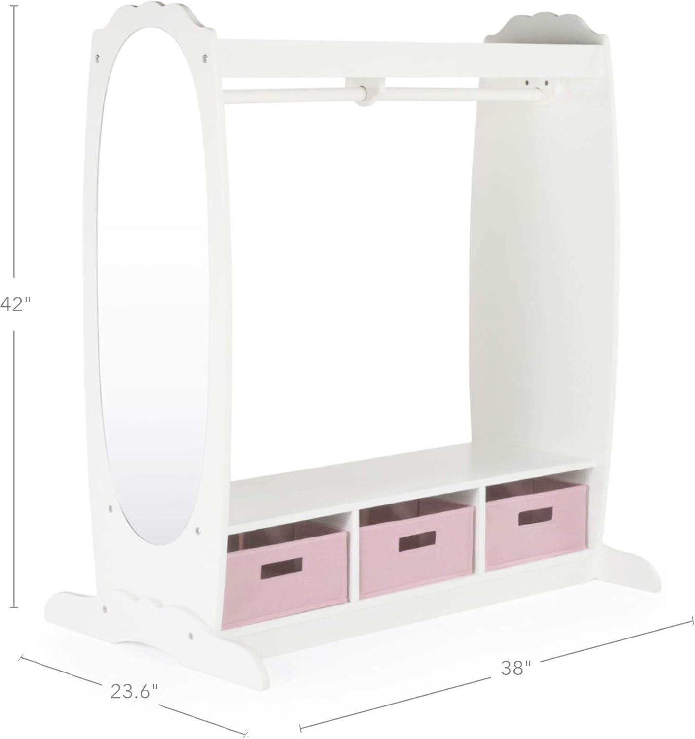 Guidecraft Dress Up Storage – White: Dramatic Play Costume Rack with Mirror and Tray for Toddlers - Kids Armoire, Dresser with Fabric Storage Bins
