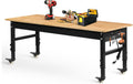 Betterhood 70" Adjustable Workbench on Wheels, 2000 LBS Heavy Duty Work Table with Power Outlets & Pegboard, Rubber Wood Workstation for Garage, Workshop, Office, Home, Commercial