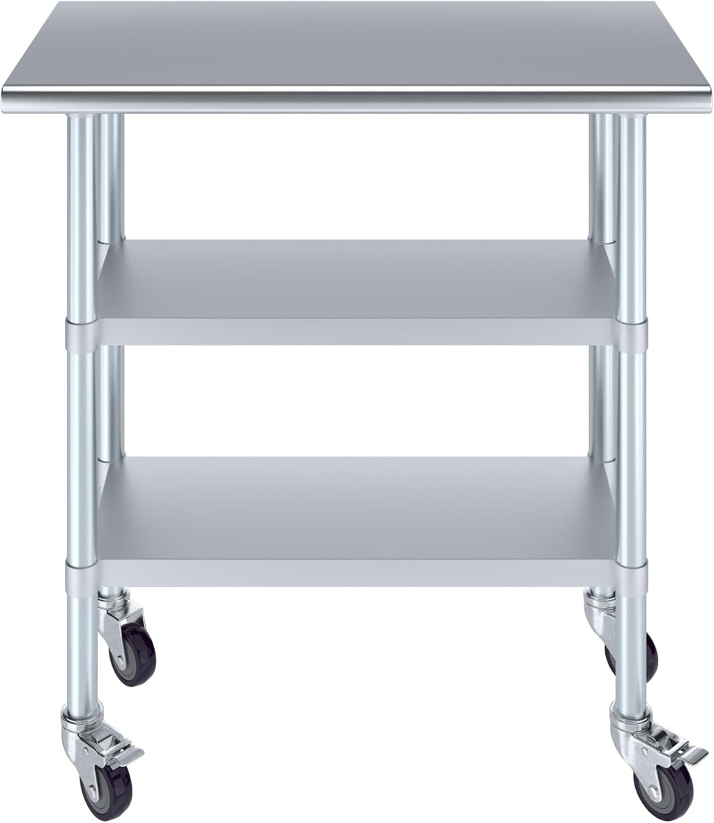AmGood Stainless Steel Work Table with 2 Shelves and Casters | Metal Utility Table On Wheels (Stainless Steel Work Table with 2 Shelves + Casters, 36" Long x 18" Deep)