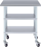 AmGood Stainless Steel Work Table with 2 Shelves and Casters | Metal Utility Table On Wheels (Stainless Steel Work Table with 2 Shelves + Casters, 36" Long x 18" Deep)