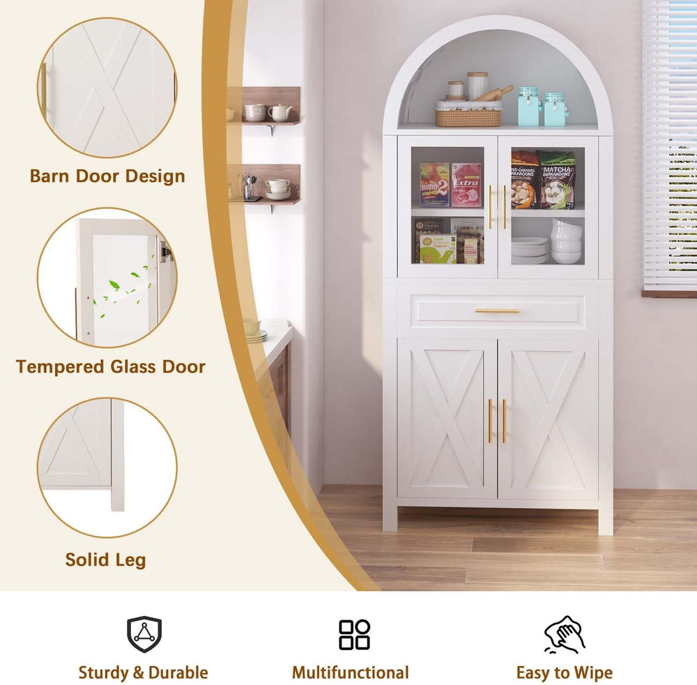 71" Arched Farmhouse Pantry Cabinet with Glass Barn Door, Versatile Cupb...