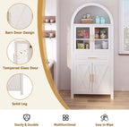 71" Arched Farmhouse Pantry Cabinet with Glass Barn Door, Versatile Cupboard with Adjustable Shelf Wood Storage Cupboard for Kitchen, Living & Dining Room (White)