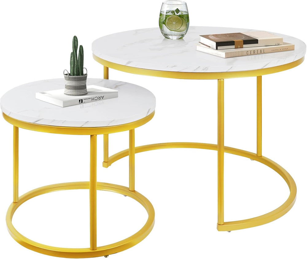 Round Nesting Coffee Tables Set: White Gold Marble Nesting Coffee Table Set o...