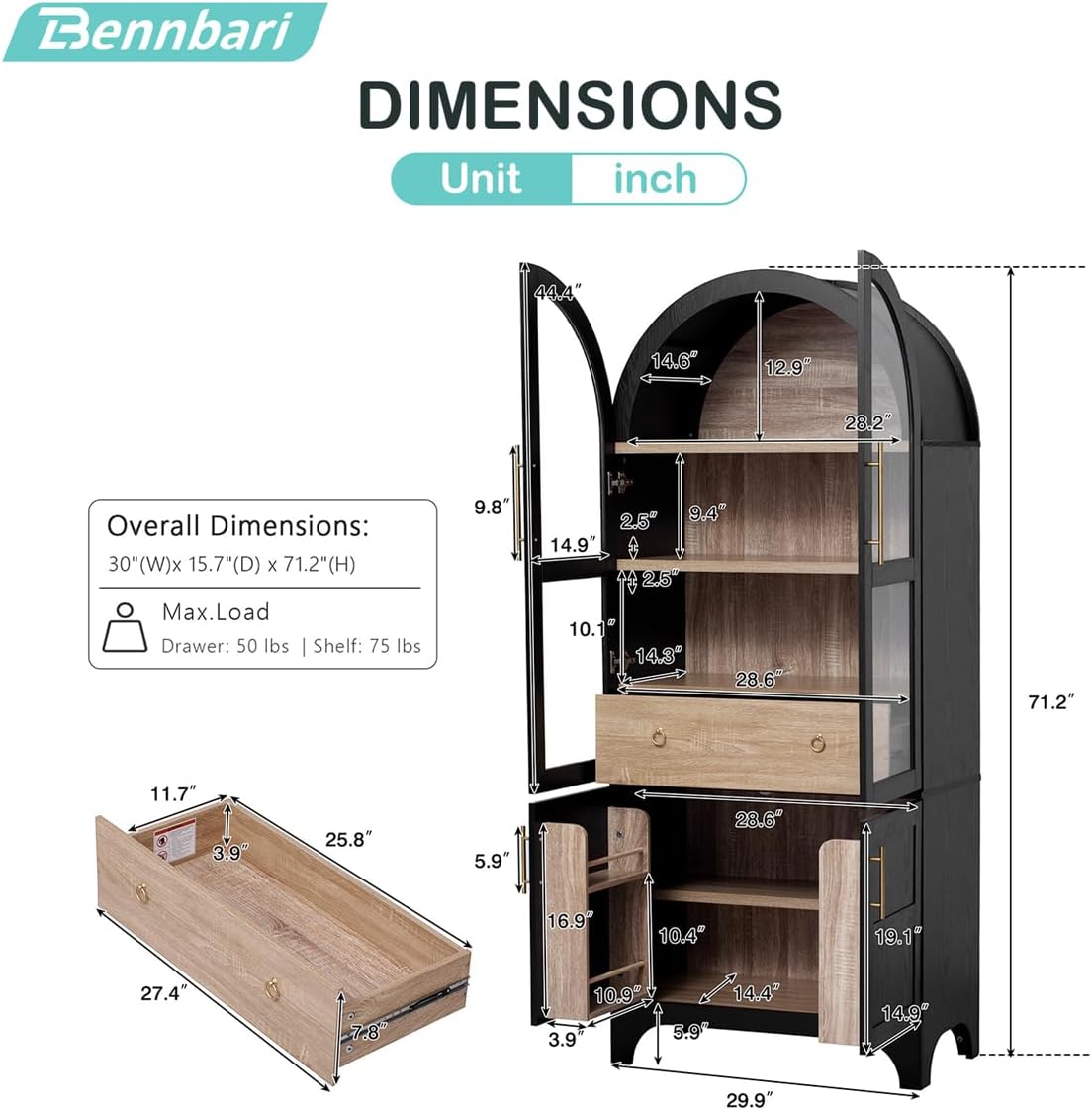 71" Tall Arched Kitchen Pantry with Door Shelves and Hidden Drawer, Arched Kitchen Storage Cabinet with Open & Adjustable Shelves, Cupboard with Glass Door, Bookshelf Bookcase (Black)