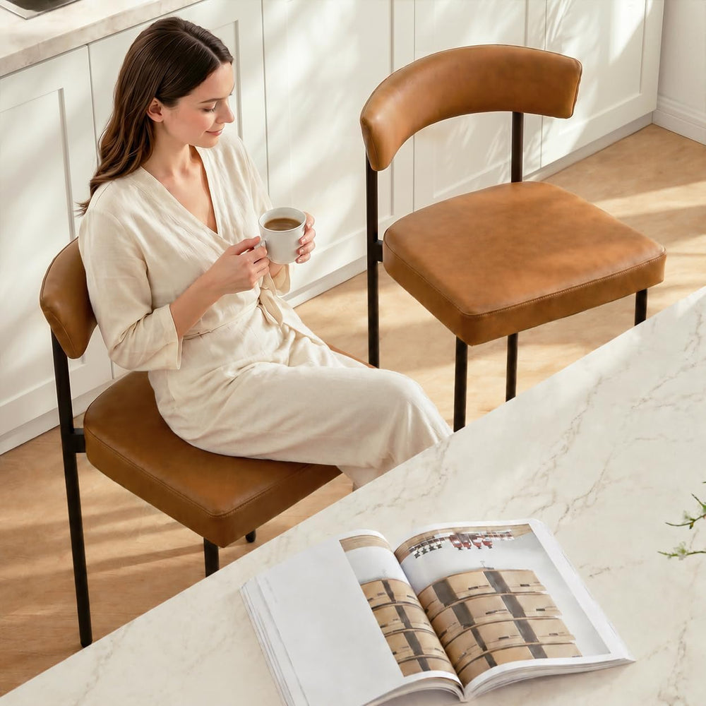 GrandNoor Brown Modern Bar Stools Set of 3, 24 Inch Faux Leather Counter Stoo...