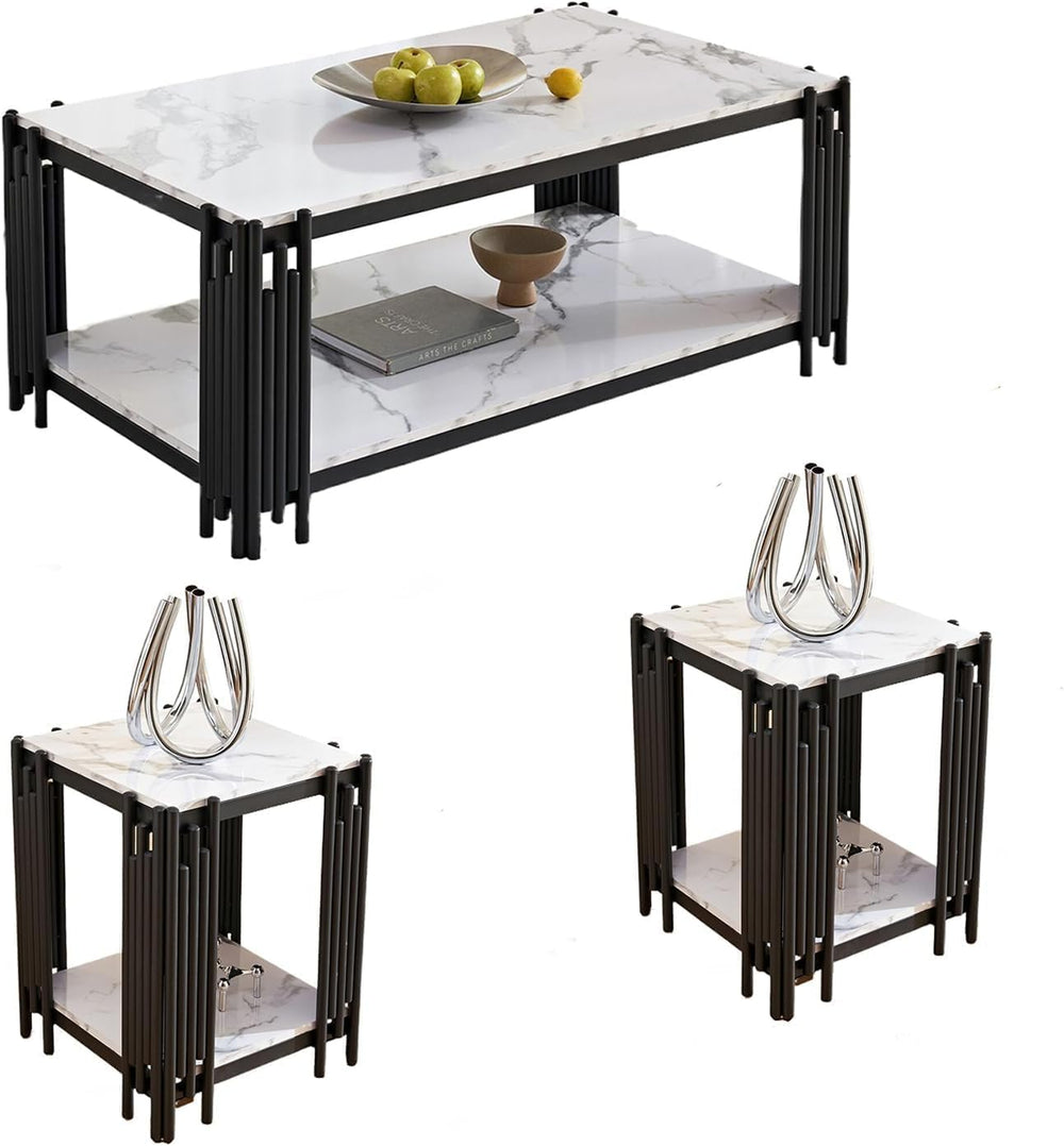 Modern 3-Piece Living Room Table Set, White Faux Marble Coffee Table and 2 En...