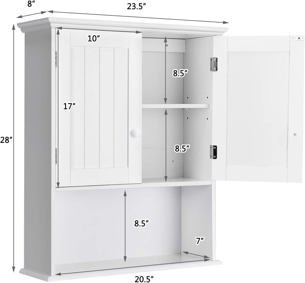 Tangkula Wall Mount Bathroom Cabinet Wooden Medicine Cabinet Storage Organizer with 2-Doors and 1-Shelf Cottage Collection Wall Cabinet (White)