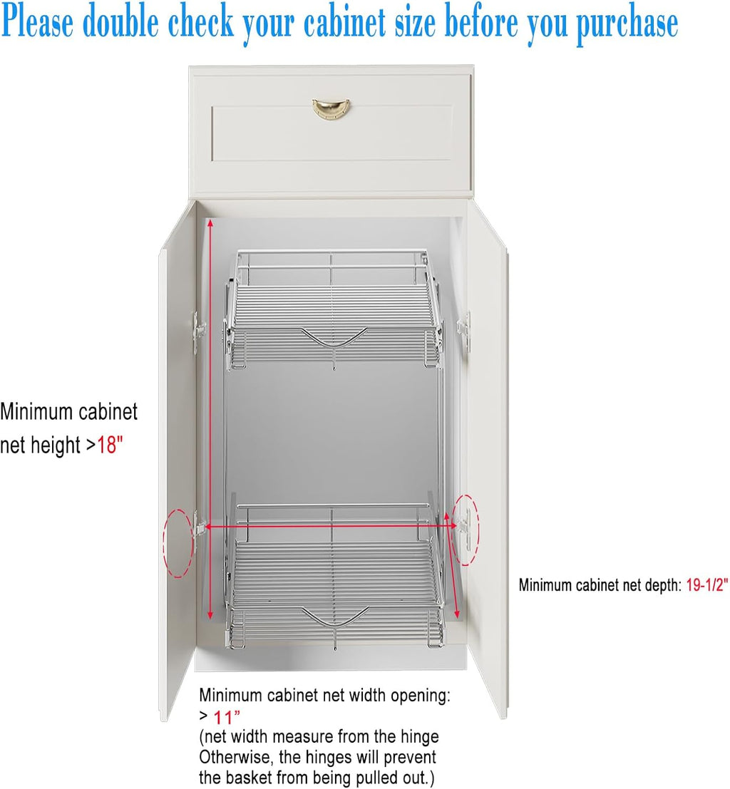 DINDON 2 Tier Pull Out Cabinet Organizer (11" W x 18" D) Heavy-Duty Metal Sliding Drawer Shelf, Two Tier Pull Out Shelves for Kitchen Cabinets, Pantry, Bathroom, Chrome Finish
