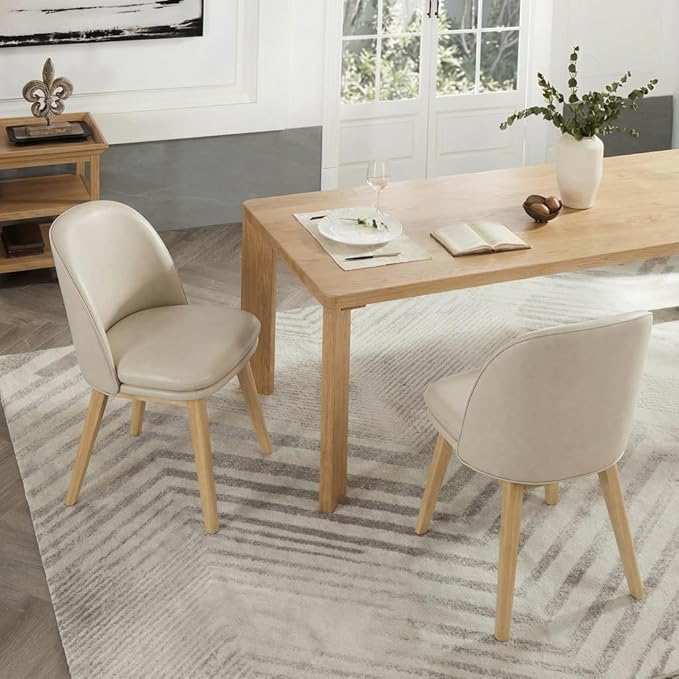 Wooden Dining Chairs Set of 2, Faux Leather Upholstered Modern Dining Room Chairs with Double-Layer Thick Seat Cushion & Ergonomic Backrest for Restaurant, Kitchen and Café, Beige