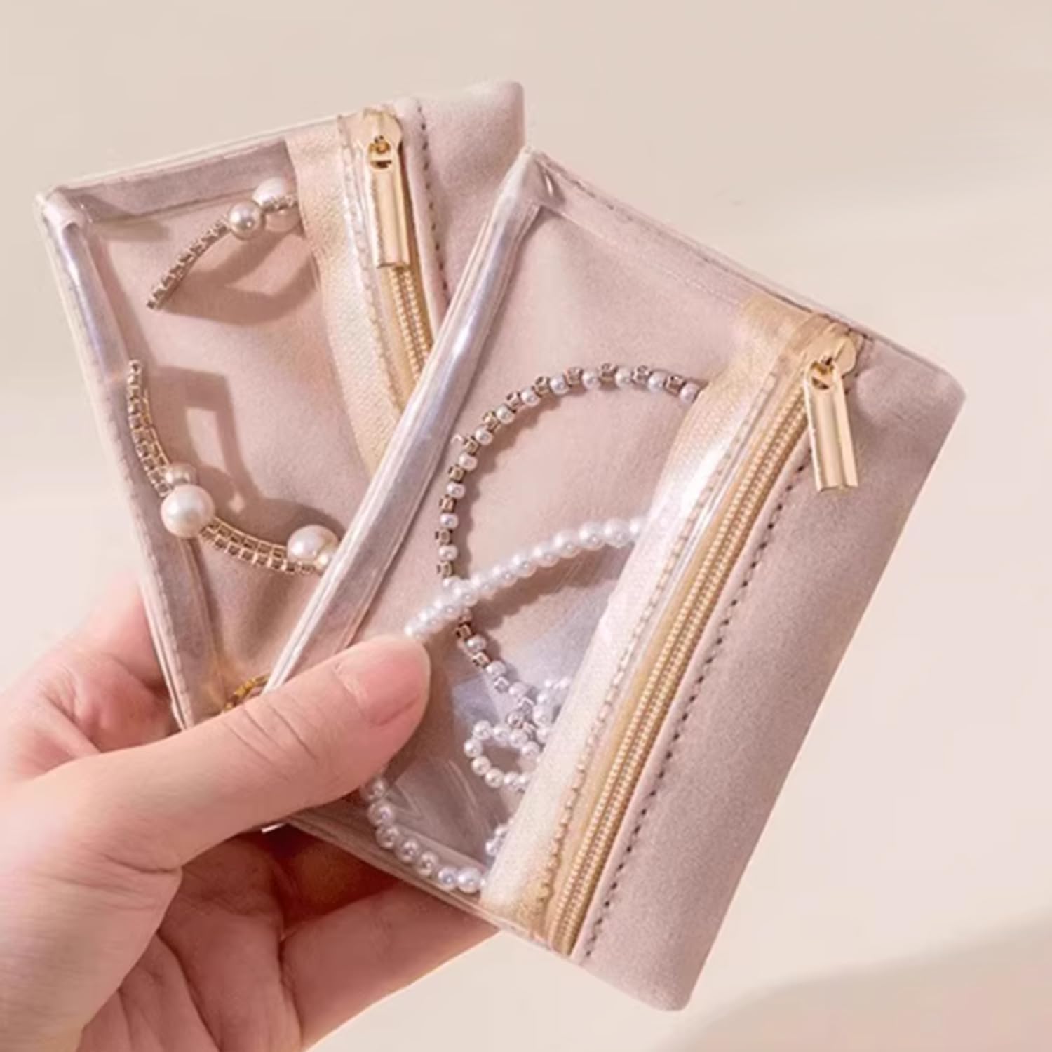 Magiware Small Jewelry Pouch Travel Organizer Bags with Soft Velvet and Zipper, 6PCS Pocket Storage Bag Case Purse Organizer for Women Girl Grandma Gift（ beige）