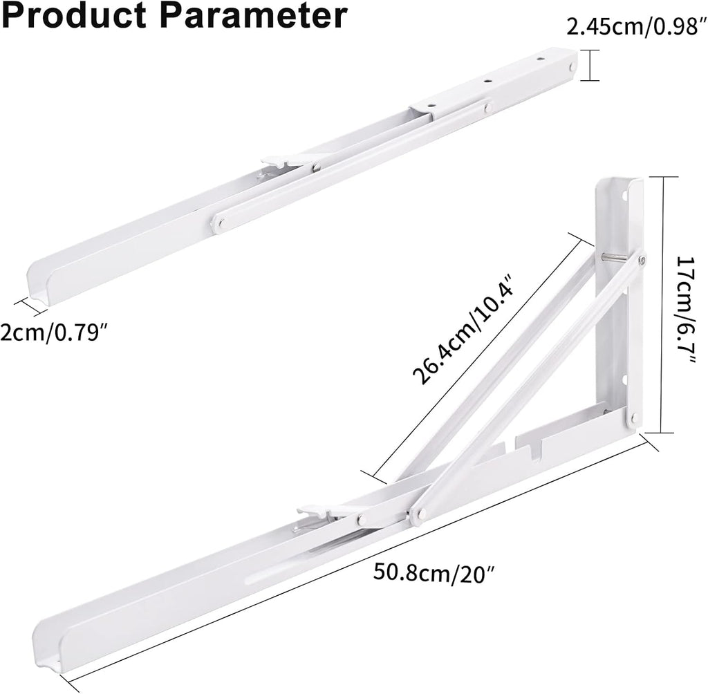YUMORE White Folding Shelf Brackets, 20 Inch Heavy Duty L Bracket, DIY Collapsible Shelf Bracket for Workbench Folding Table Hinge, Max Load: 330lb, 2 Pack