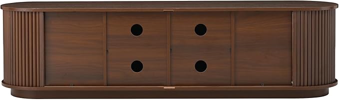 Farmhouse Wooden TV Stand with Sliding Tambour Door for TVs up to 75", Fluted Media Console with Adjustable Storage, Golden Handle TV Cabinet with Cable Holes for Living Room, Walnut