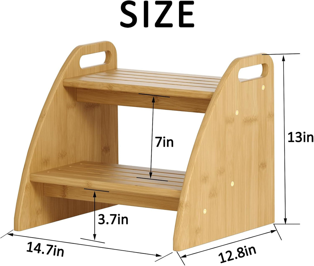 Bamboo 2 Step Stool 300lbs Capacity, Wooden Two Step Stool with Non-Slip Hand...