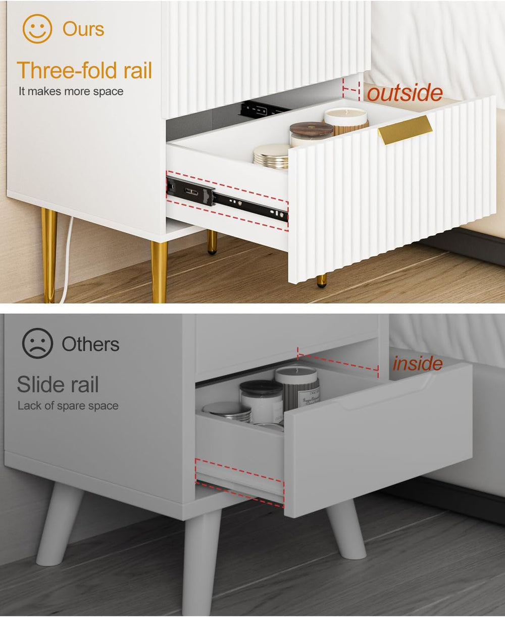Nightstand with Charging Station, Bedside Table with Gold Frame,White Night S...