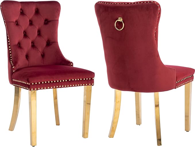 Mid Century Modern Dining Chairs Set of 2, Red Velvet Upholstered Tufted Back, Kitchen & Dining Room Chairs, Gold Metal Legs, Nailhead Trim, Sillas para Comedor (Red, 2 Pcs)