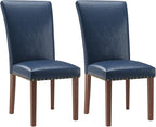 Stylish Dining Chairs Set of 2, Upholstered Parsons Dining Room Chair with Nailhead Trim, Kitchen Room Chair with Thick Cushions and Wood Legs, Nailhead Trim, Blue Leather