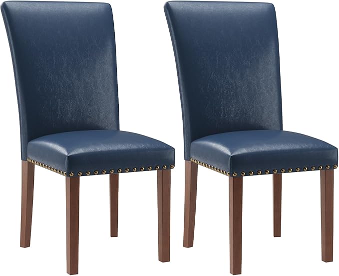 Stylish Dining Chairs Set of 2, Upholstered Parsons Dining Room Chair with Nailhead Trim, Kitchen Room Chair with Thick Cushions and Wood Legs, Nailhead Trim, Blue Leather