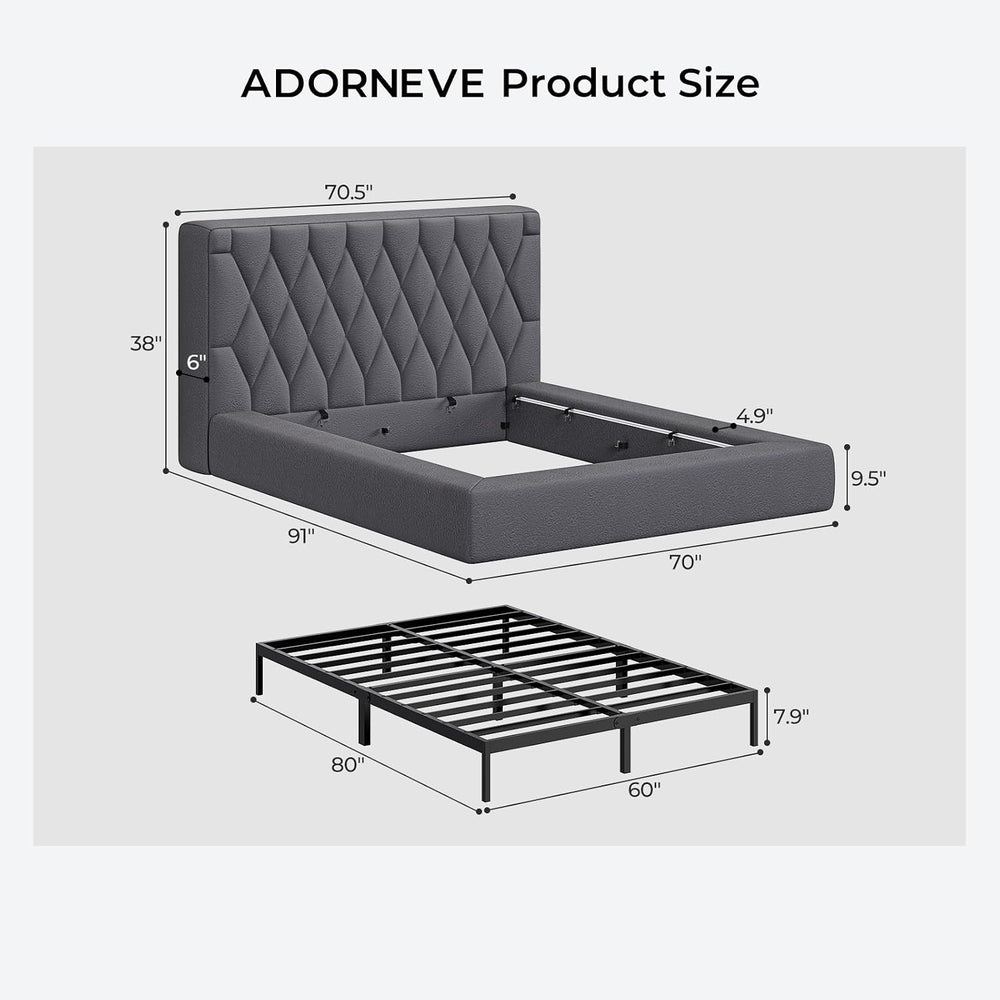 ADORNEVE Upholstered Cloud Bed Frame Queen with 5.9" Thick Headboard, Grey