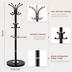 Modern Metal Coat Rack Stand, Coat Rack Freestanding with Natural Marble Base, 360°Rotary Design Sturdy Coat Racks with 16 Hooks, White Coat Hall Tree Stand for Entryway (Black)
