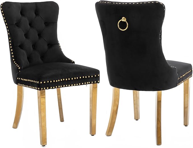 Luxury Upholstered Dining Chairs Set of 2, Black Kitchen Chair with Golden Metal Legs, Velvet Tufted Back Dining Chair, Sillas de Comedor, Modern Kitchen & Dining Room Chairs (Black, 2 Pcs)