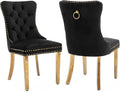 Luxury Upholstered Dining Chairs Set of 2, Black Kitchen Chair with Golden Metal Legs, Velvet Tufted Back Dining Chair, Sillas de Comedor, Modern Kitchen & Dining Room Chairs (Black, 2 Pcs)