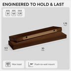 Homeforia 30inch Walnut Floating Shelves for Wall Mounted, High End Solid Real Wood 30 in Floating Shelf, Dark Brown Wooden 30 inch Long Floating Shelves, Heavy Duty Bracket, 30 X 6.5 X 1.75, Set of 4