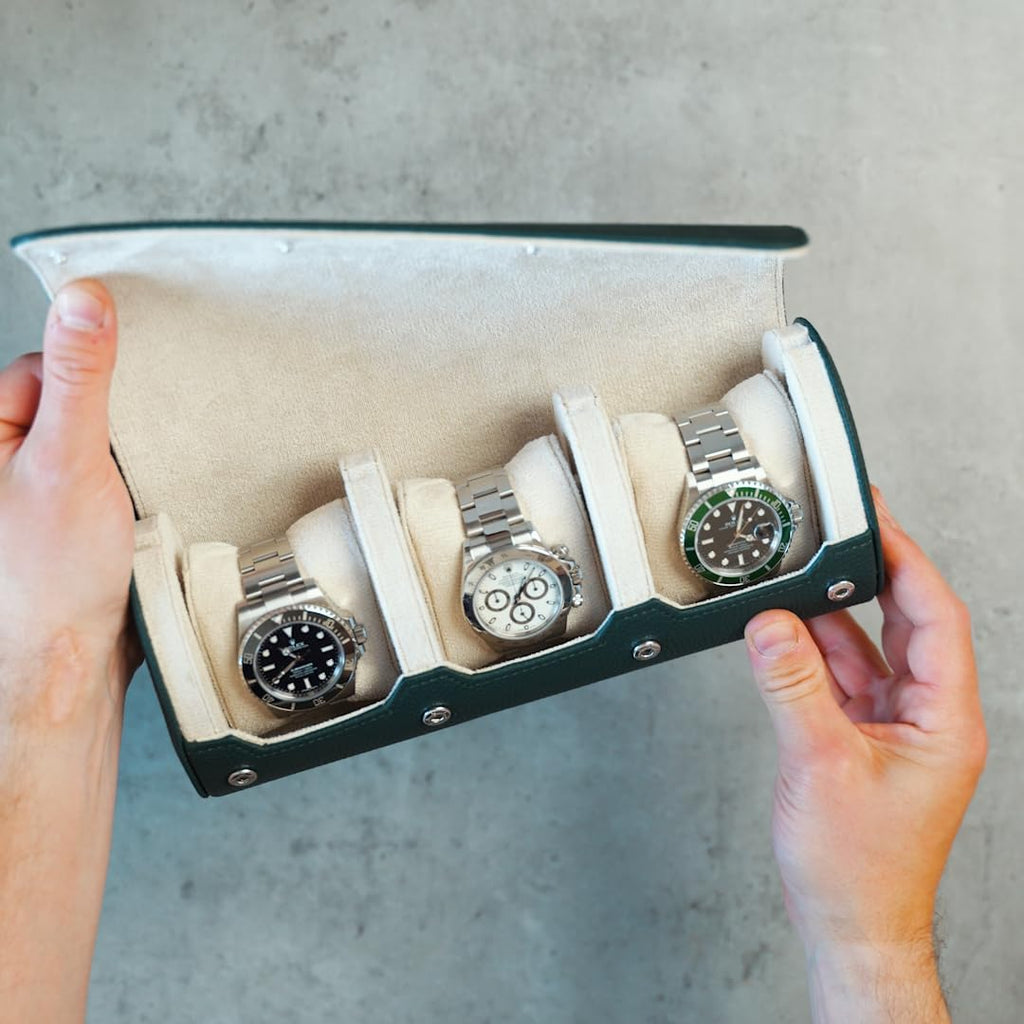 DailyWatch | Personalized Watch Roll Travel Case For 3 Watches - Handmade Genuine Leather Travel Case With Custom Engraving of Name or Initials - Dark Green Litchi