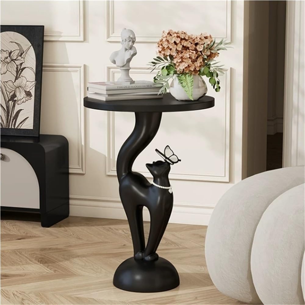Elegant Resin Cat Sculpture Side Table with Tray, Modern Creative Bedside Tab...