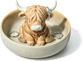 Highland Cow Gifts for Women, Ceramic Highland Cow Ring Holder with Circular Tray, Wedding, Christmas, Birthday Gifts for Women, Mom, Wife, Farmhouse & Bohemian Style Jewelry Holder for Desk Decor